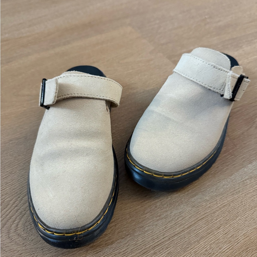 Dr. Martens Beige Suede Clog Mules with Black Soles - Picture 3 of 3